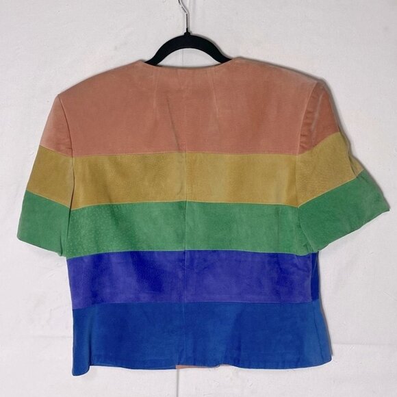 Danier Rainbow Stripe Suede Cropped Button Up Short Sleeve Jacket L - Picture 12 of 13
